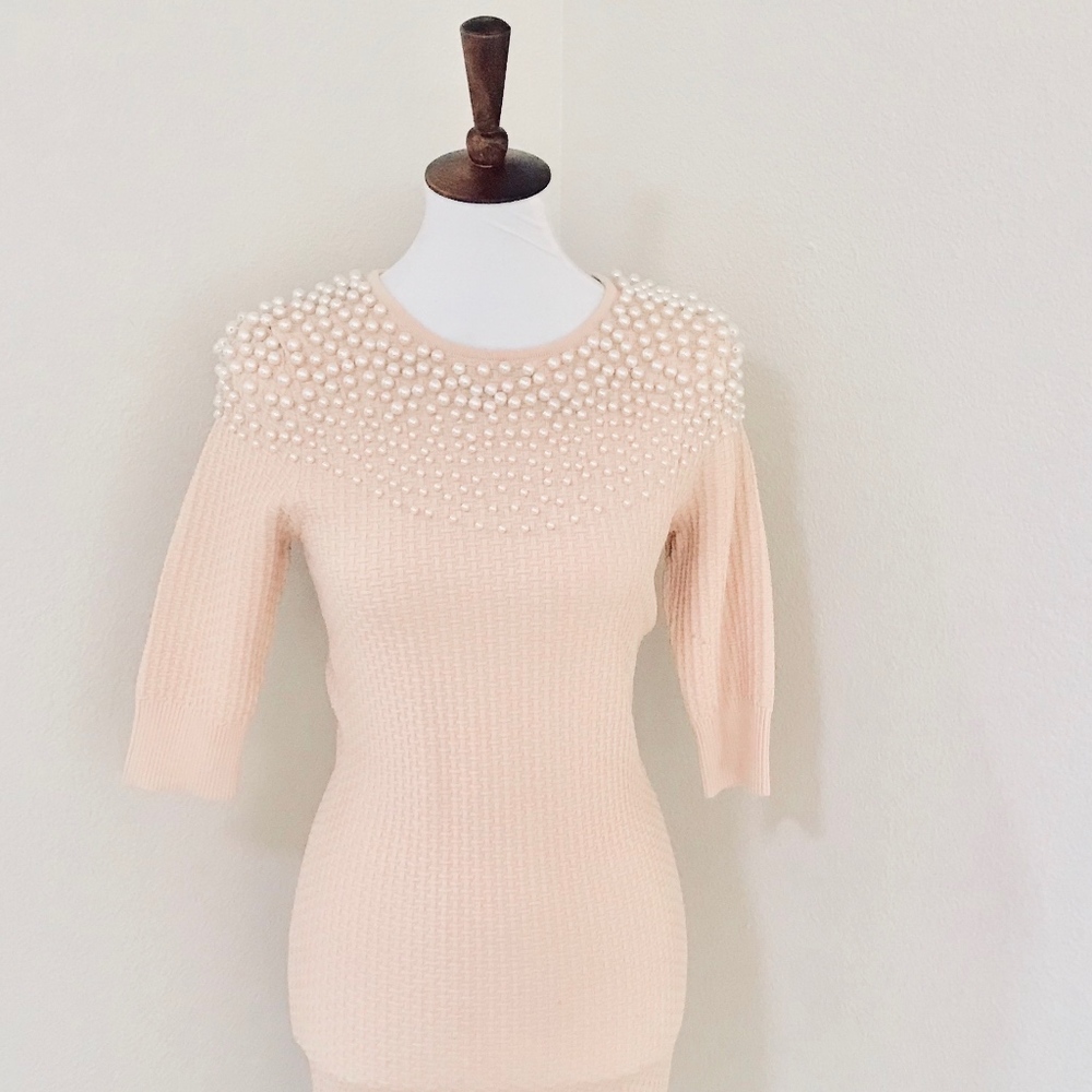 Pearl-Embellished Ribbed Dress